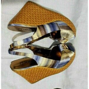 New Moda Spana Nika Blue/gold Silk Platform Wedge Heel Open Toe Bow Sandals 9M